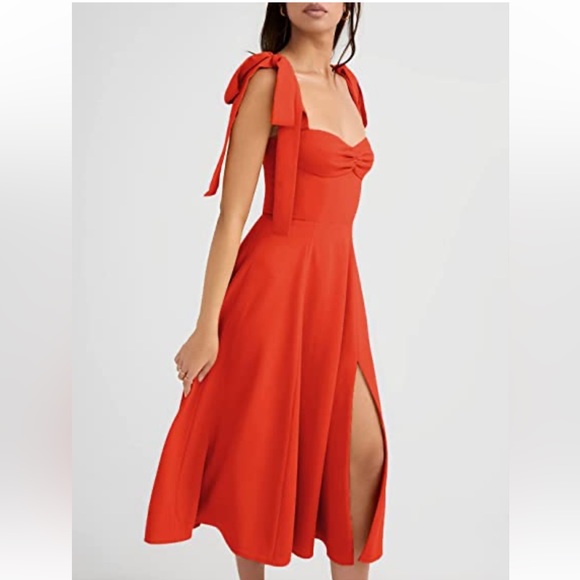✨NEW - Sweetheart Neckline Tie Strap Slit Sleeveless Midi Party Cocktail Dress - Picture 3 of 12